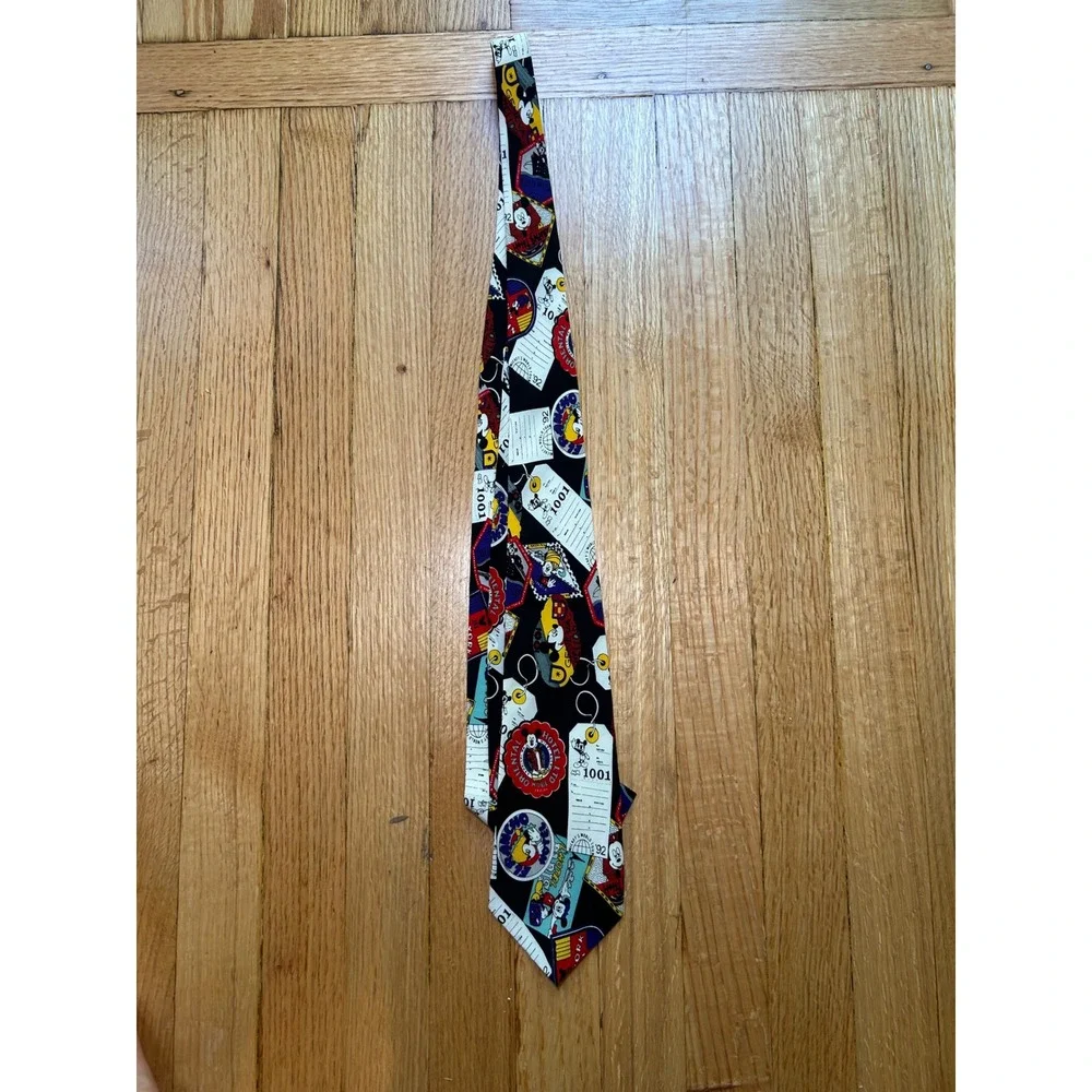 Vintage Balancine Disney Mickey Mouse World Tour 92 Silk Tie Travel Tags Black
